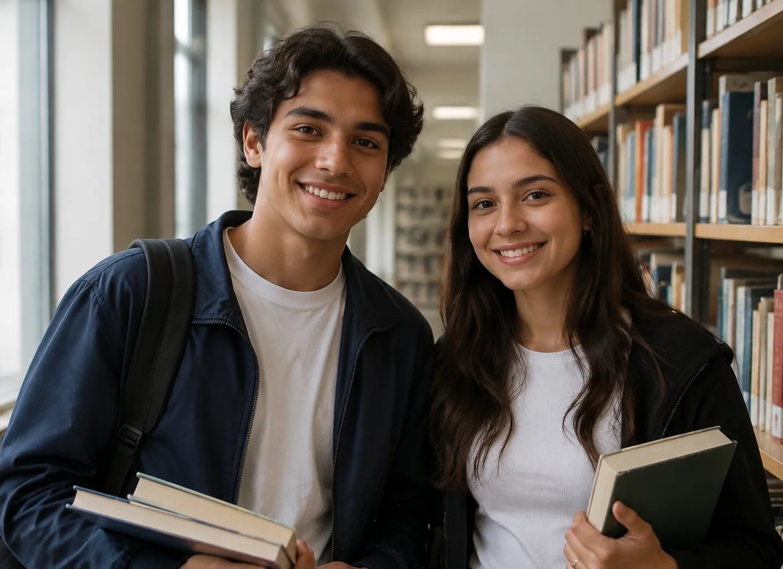 Conversa em pé entre as estantes da escola, com folhas de anotação na mão de quem discute